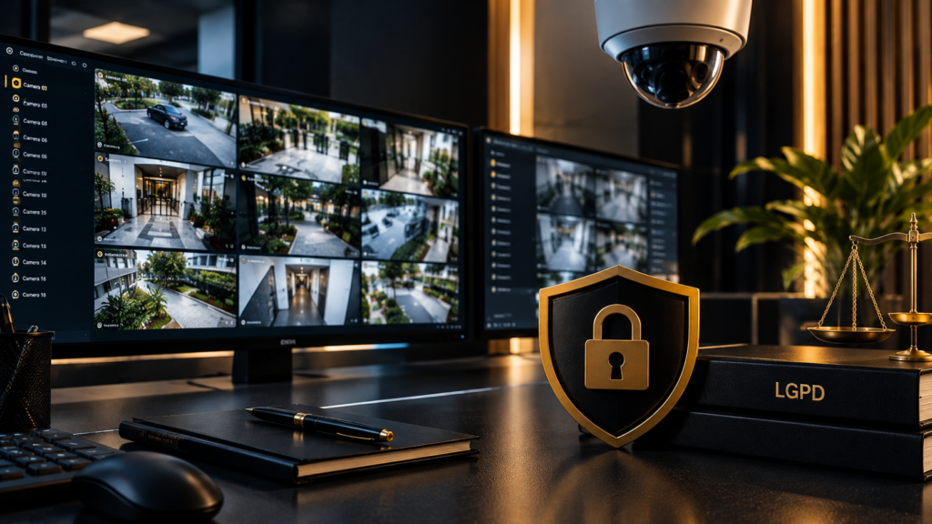 CFTV e LGPD em condomínio com câmeras de segurança e proteção de imagens.