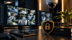 CFTV e LGPD em condomínio com câmeras de segurança e proteção de imagens.