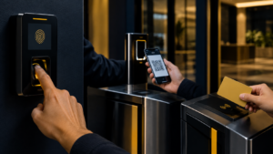 Controle de acesso em condomínio com biometria, leitor de QR Code e cartão de proximidade.