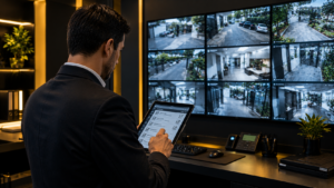 Gestor de condomínio realizando inspeção de segurança e monitoramento