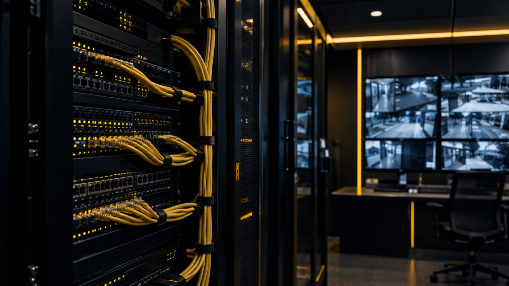 Infraestrutura de rede para segurança eletrônica em condomínio com switches, cabeamento e equipamentos de CFTV.